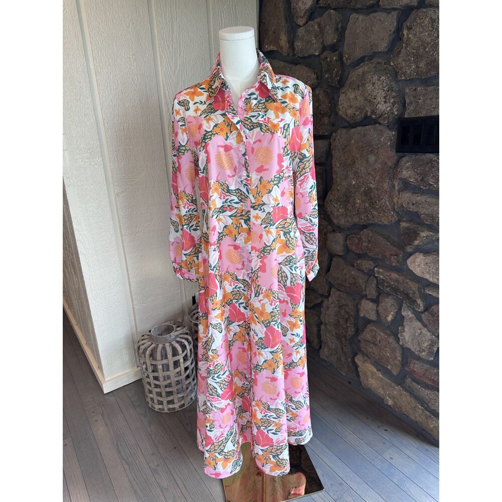 Love + Harmony Floral Shirt Dress Small Pink Botanical Tropical Maxi Long Sleeve